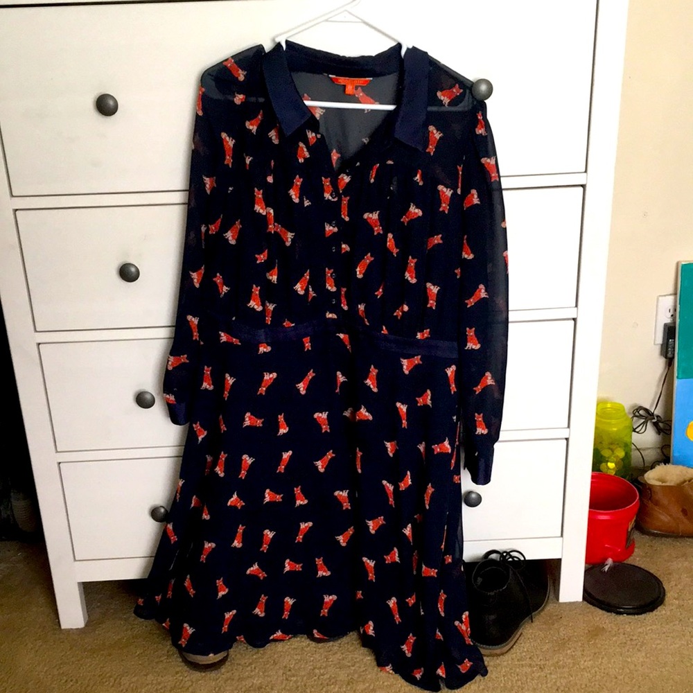 Dark blue fox print sheath dress by ModCloth.